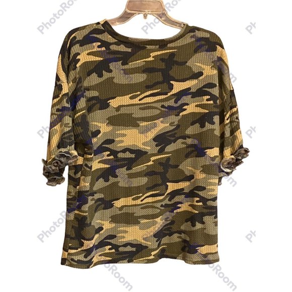 Carole Christian Women’s Top Shirt Camouflage Waffle Thermal 3/4 Sleeves Ruffle - Picture 2 of 5